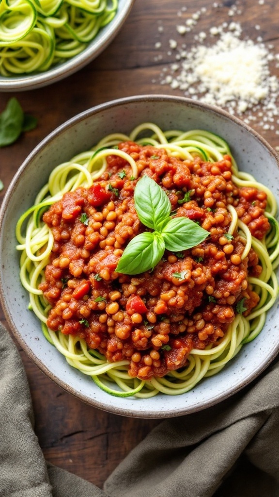 Lentil Bolognese on zucchini noodles garnished with basil on a rustic wooden table.